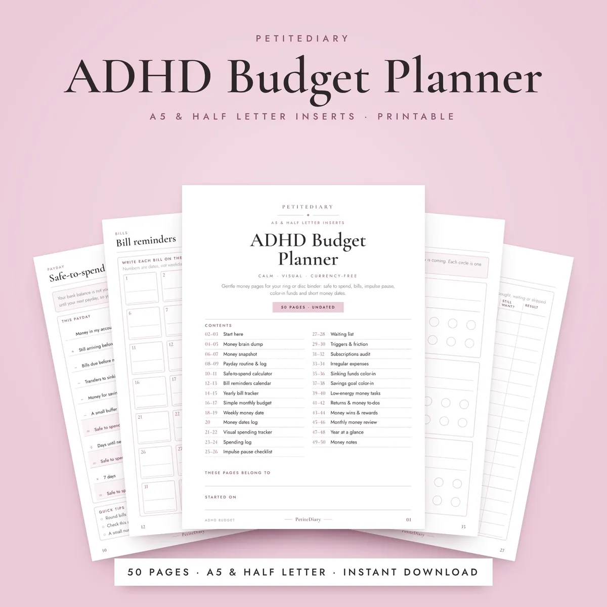 ADHD Budget Planner A5 & Half Letter Inserts