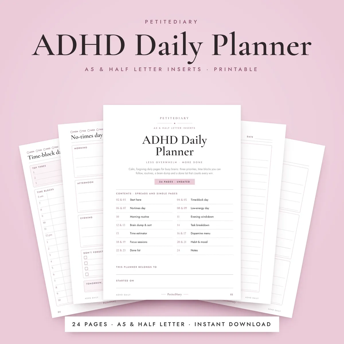 ADHD Daily Planner A5 & Half Letter Inserts