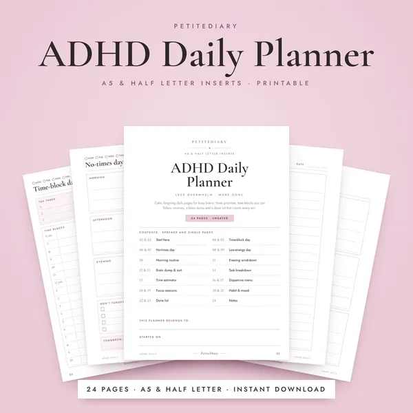ADHD Daily Planner A5 & Half Letter Inserts
