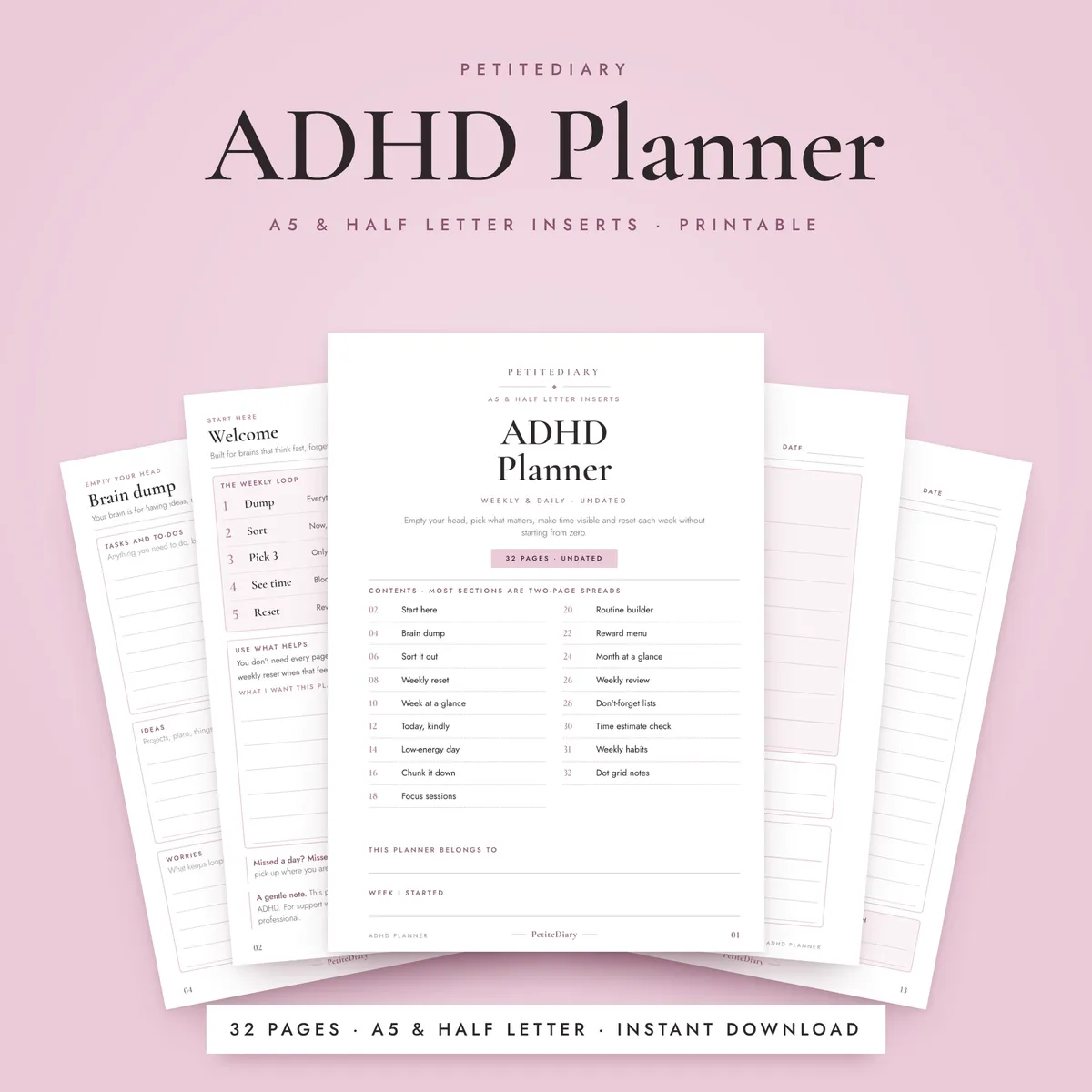 ADHD Planner for Adults A5 & Half Letter Inserts