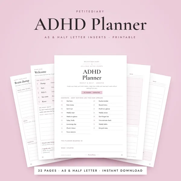 ADHD Planner for Adults A5 & Half Letter Inserts