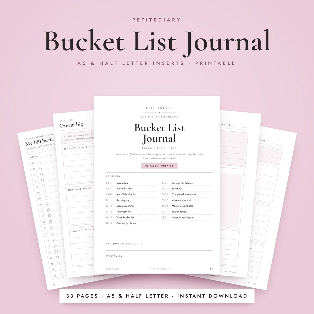 Bucket List Journal A5 & Half Letter Inserts