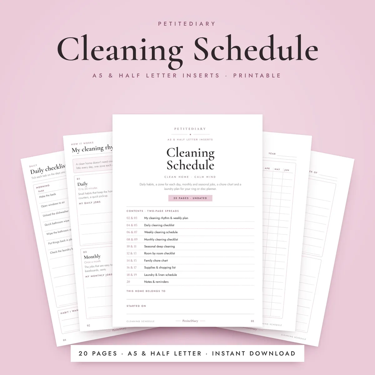 Cleaning Schedule A5 & Half Letter Inserts