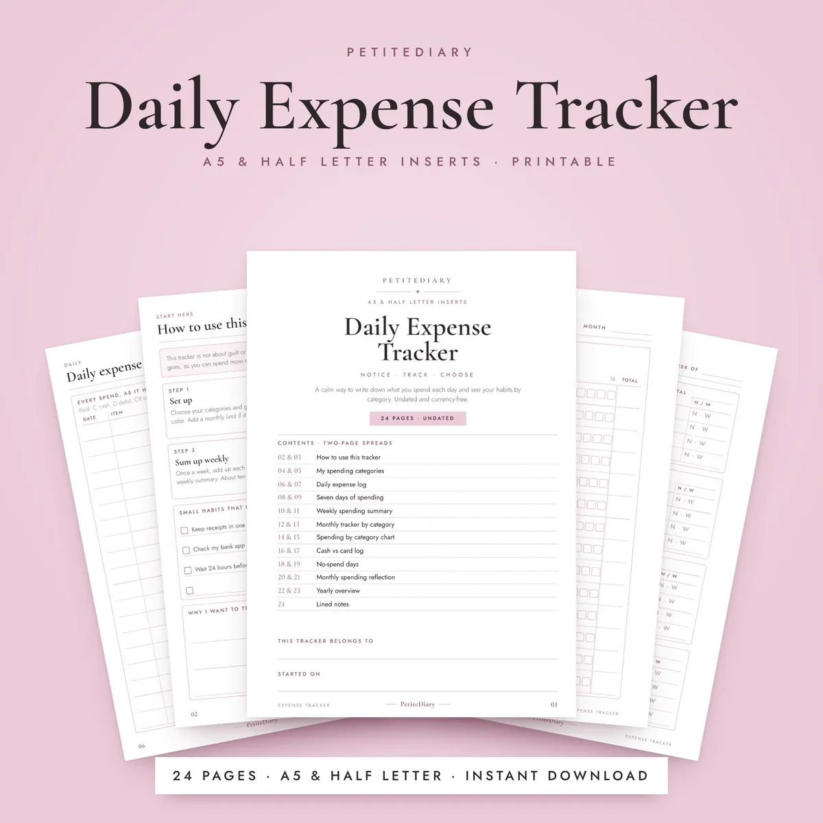 Daily Expense Tracker A5 & Half Letter Inserts