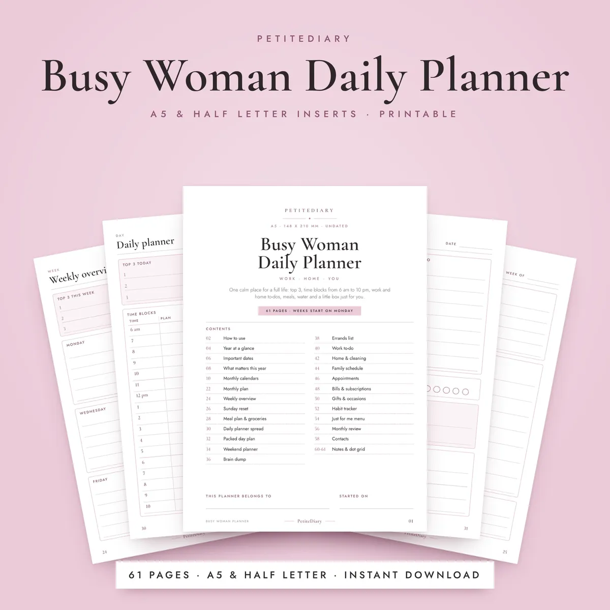 Daily Planner for Busy Women A5 & Half Letter Inserts