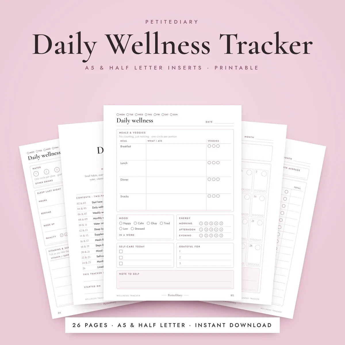 Daily Wellness Tracker A5 & Half Letter Inserts