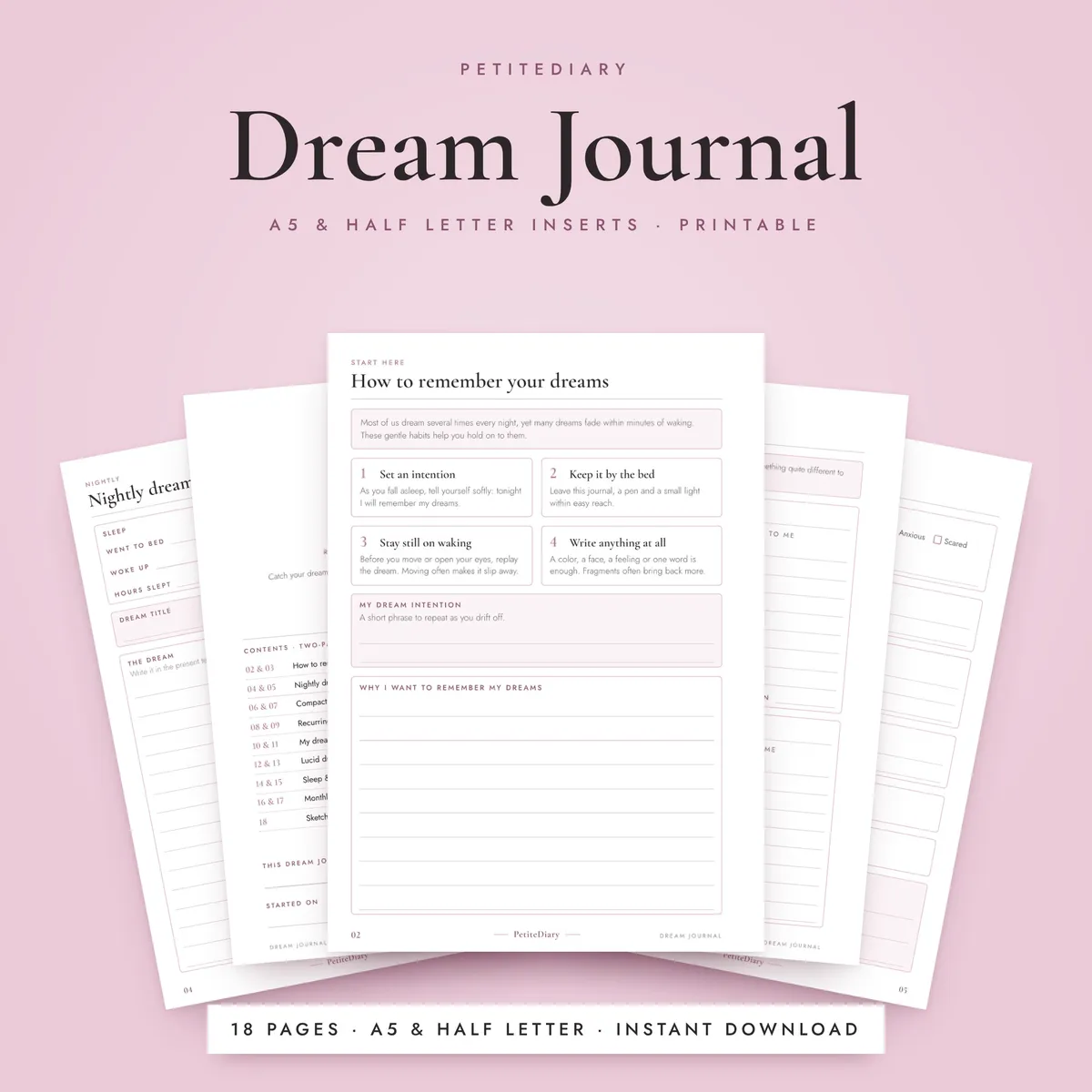 Dream Journal A5 & Half Letter Inserts