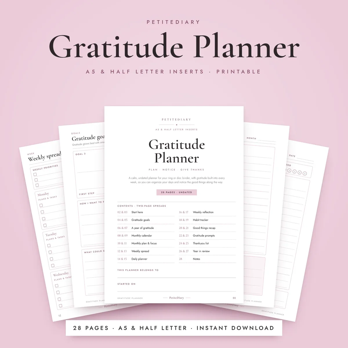 Gratitude Planner A5 & Half Letter Inserts