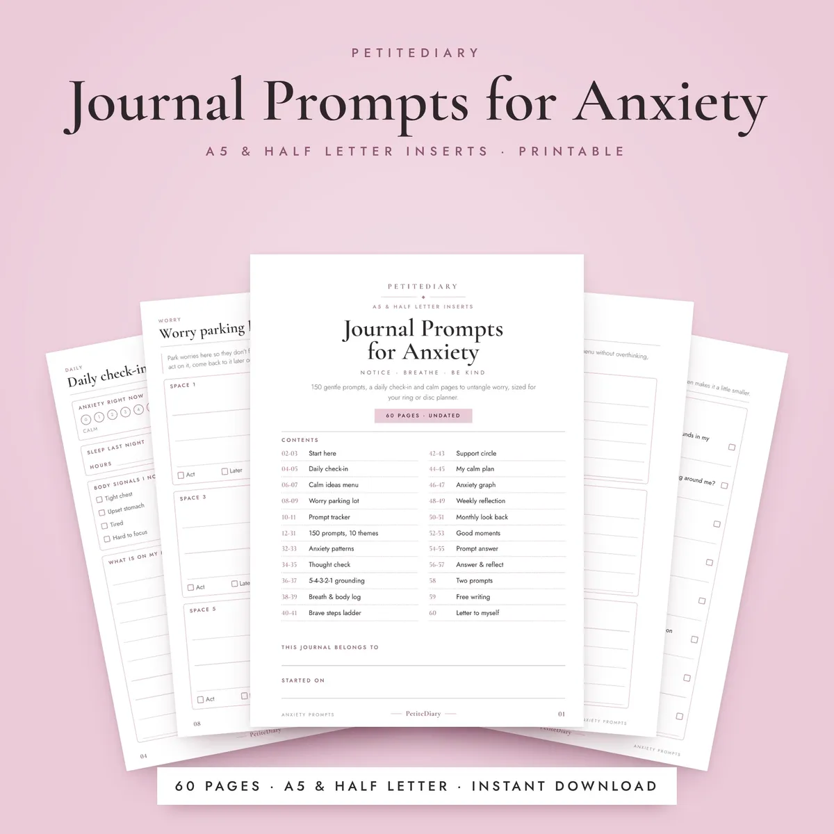 Journal Prompts for Anxiety A5 & Half Letter Inserts