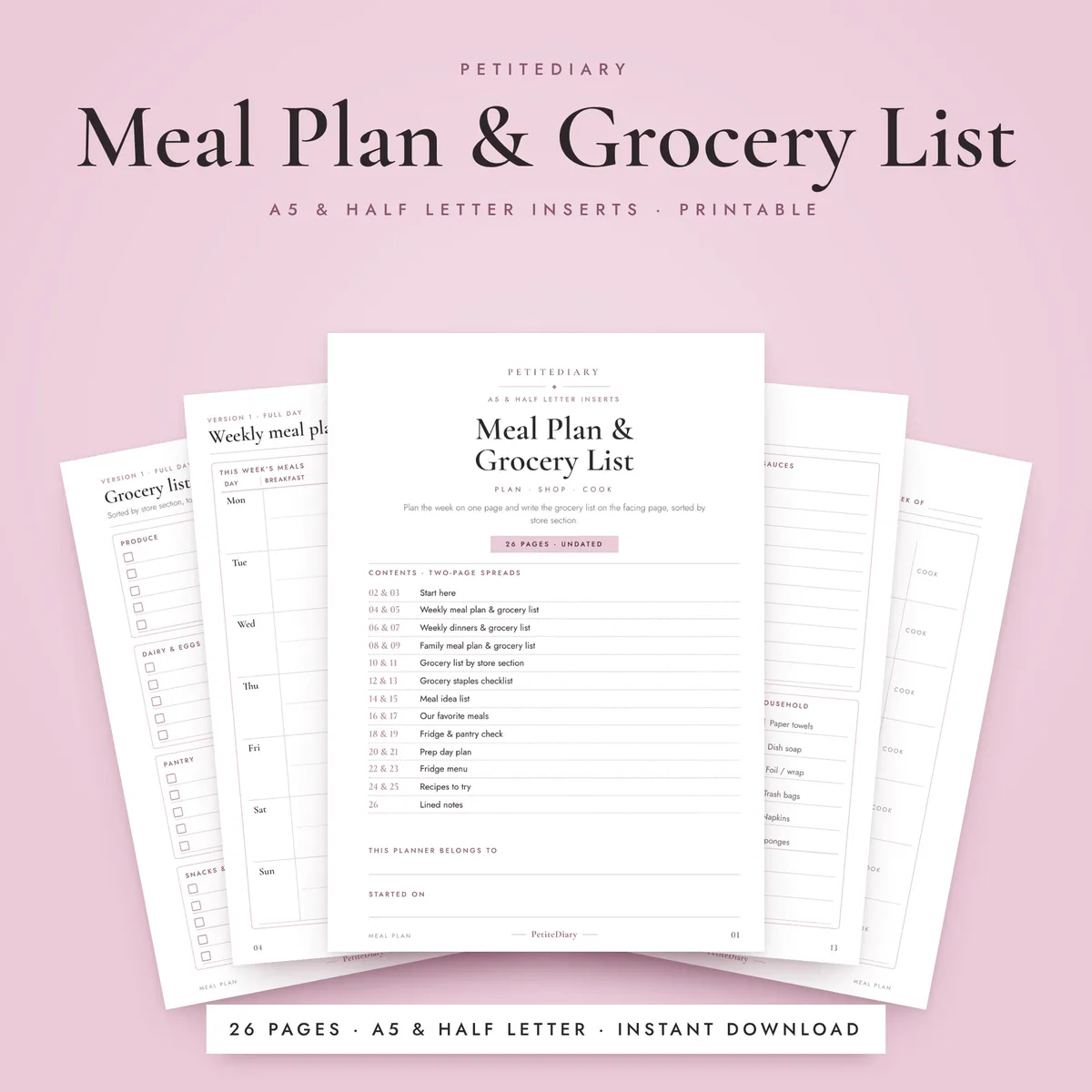 Meal Plan & Grocery List A5 & Half Letter Inserts