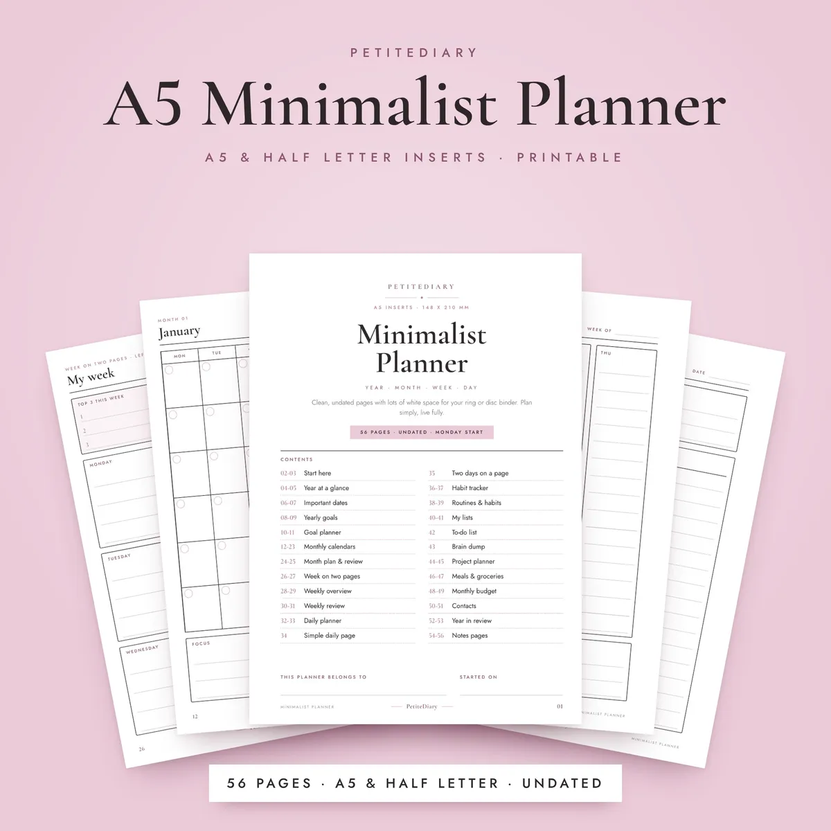 Minimalist Planner A5 & Half Letter Inserts