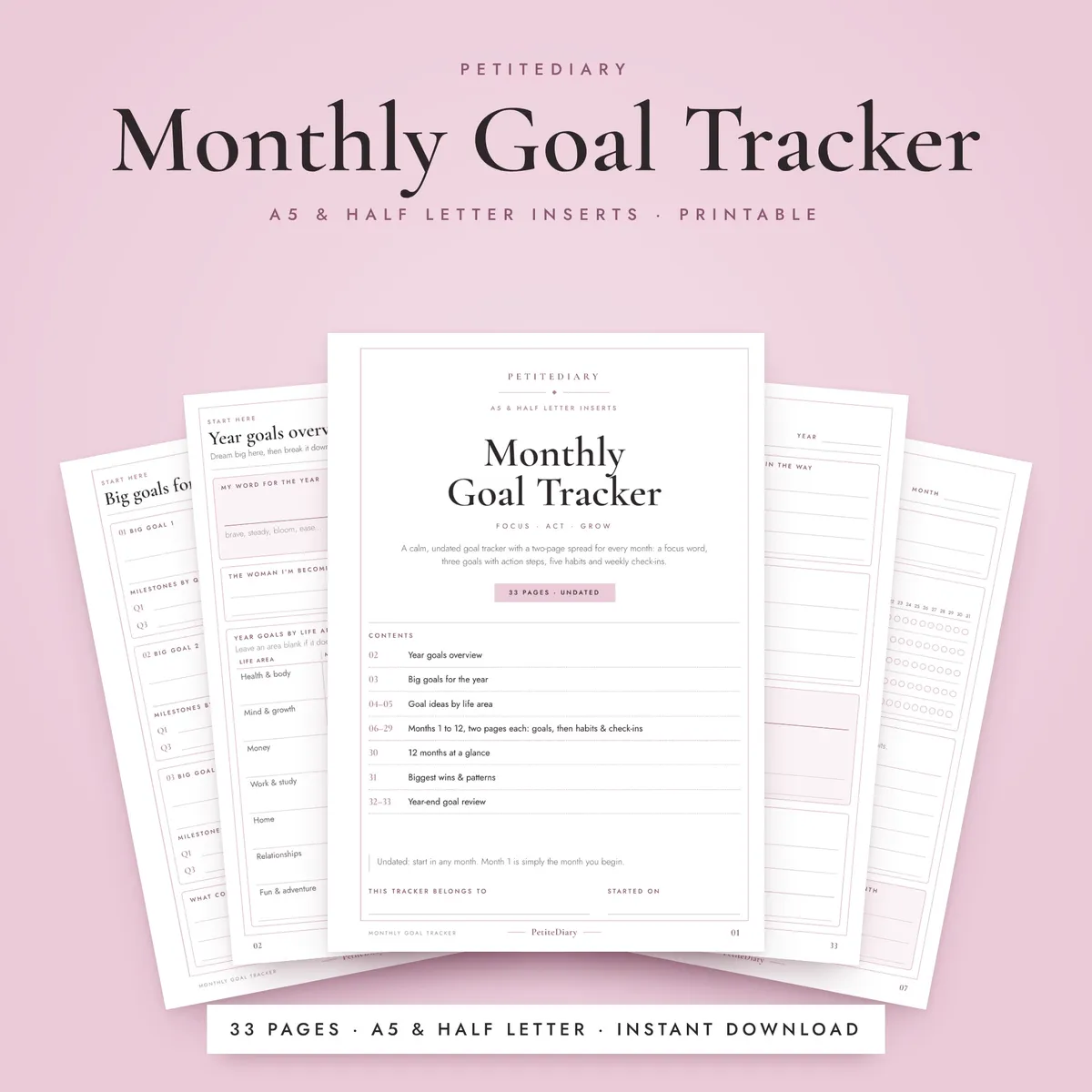 Monthly Goal Tracker A5 & Half Letter Inserts