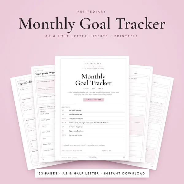 Monthly Goal Tracker A5 & Half Letter Inserts