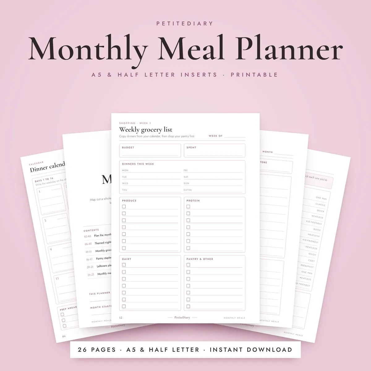 Monthly Meal Planner A5 & Half Letter Inserts