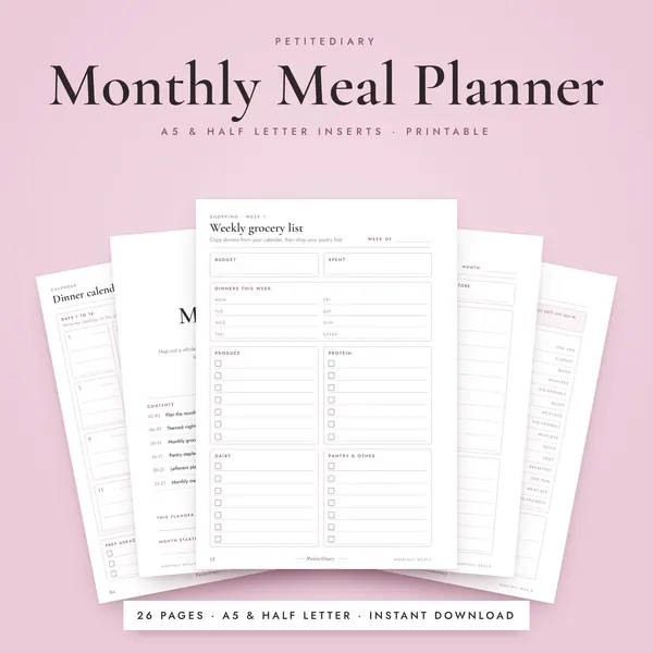 Monthly Meal Planner A5 & Half Letter Inserts