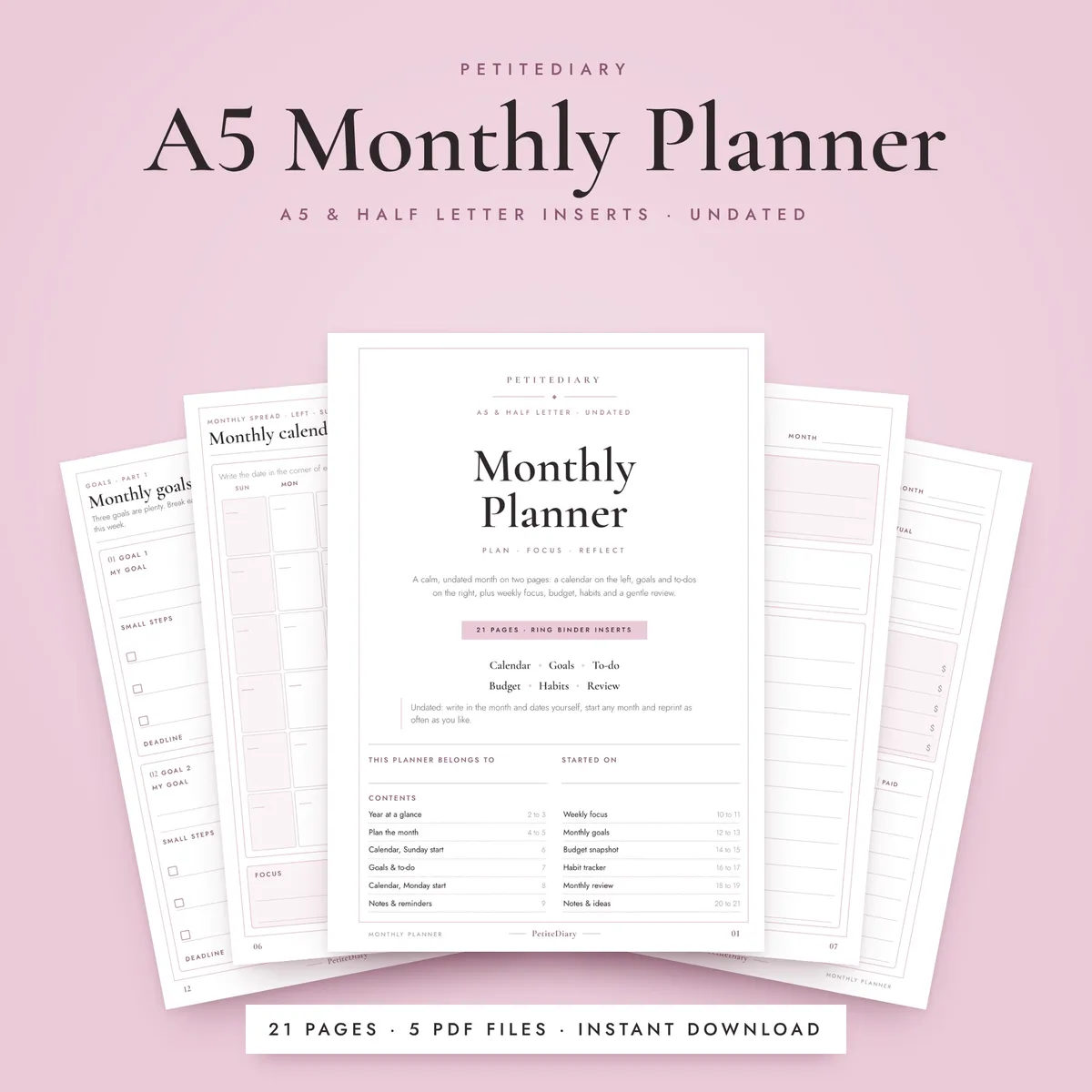 Monthly Planner with Goals A5 & Half Letter Inserts