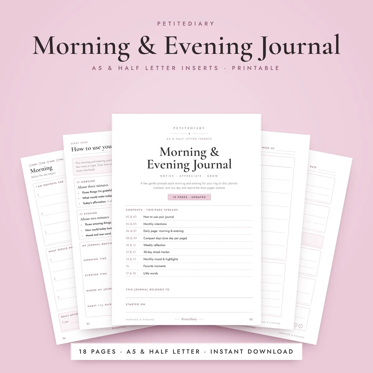 Morning & Evening Journal A5 & Half Letter Inserts