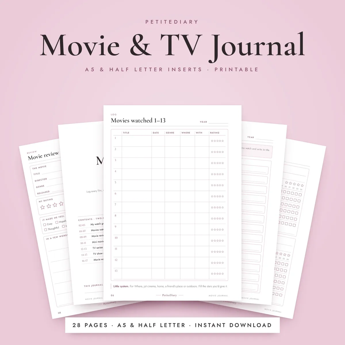 Movie Journal A5 & Half Letter Inserts