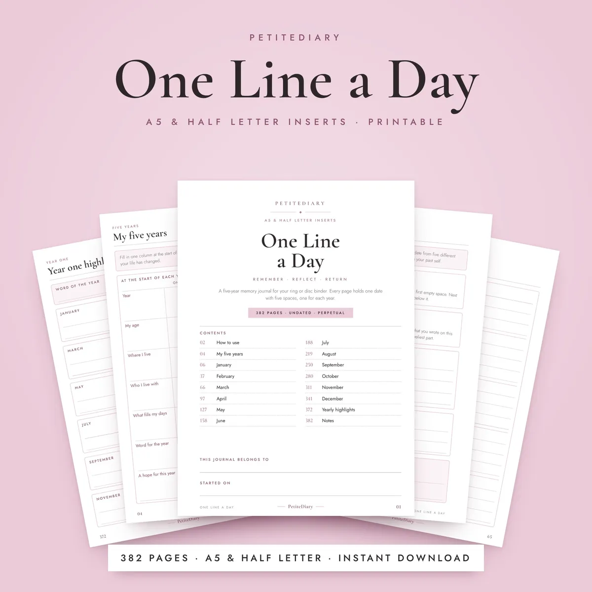 One Line a Day Journal A5 & Half Letter Inserts