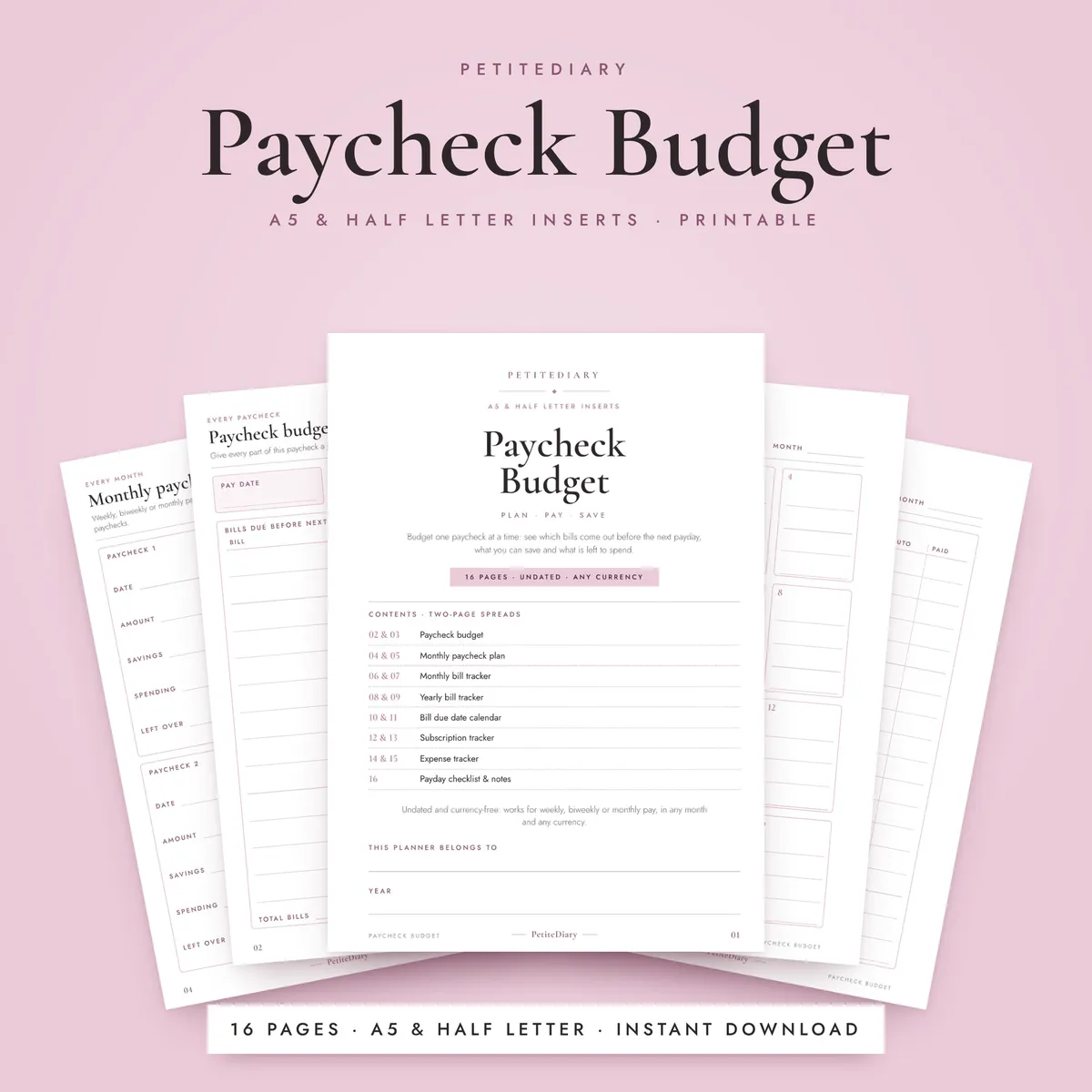 Paycheck Budget A5 & Half Letter Inserts