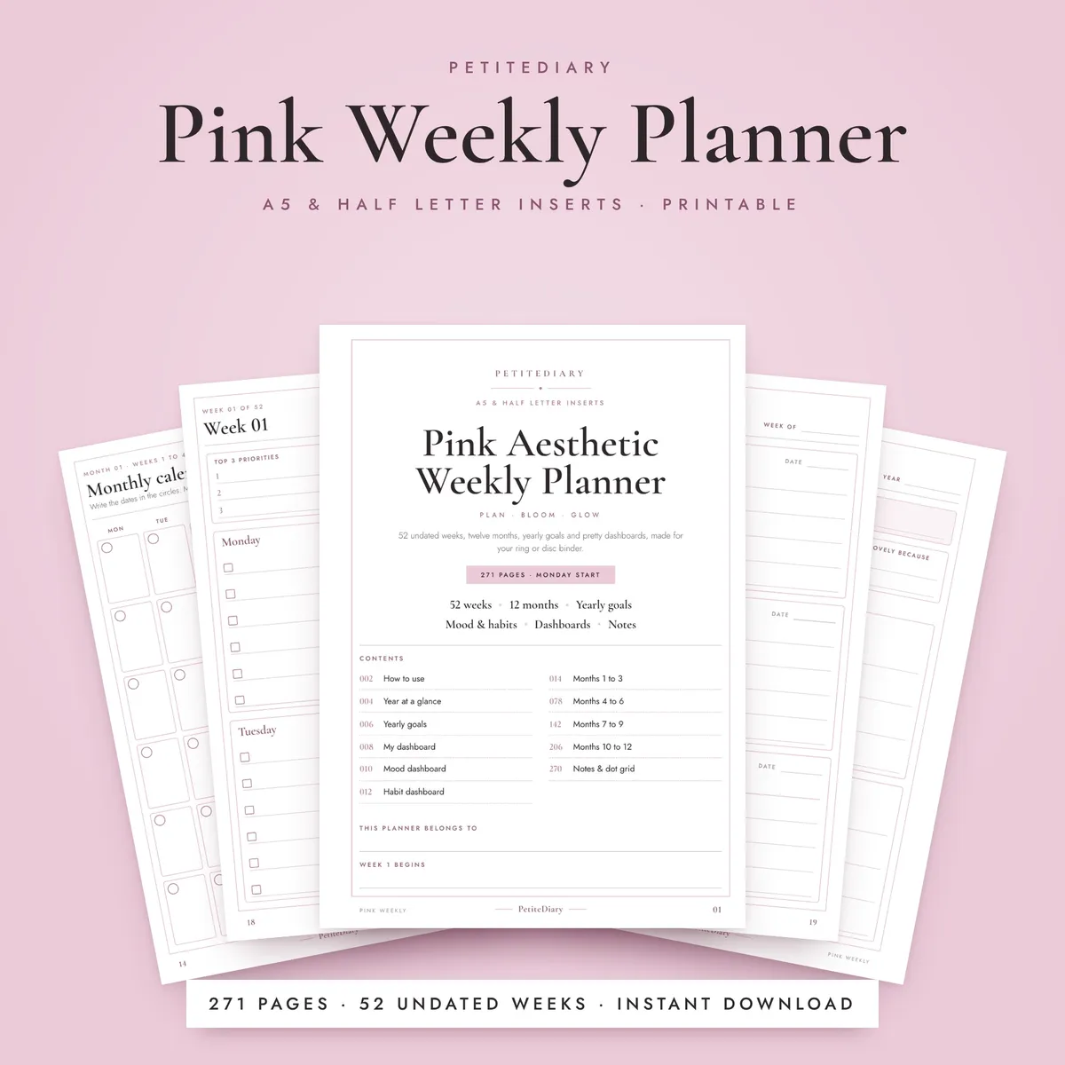 Pink Aesthetic Weekly Planner A5 & Half Letter Inserts