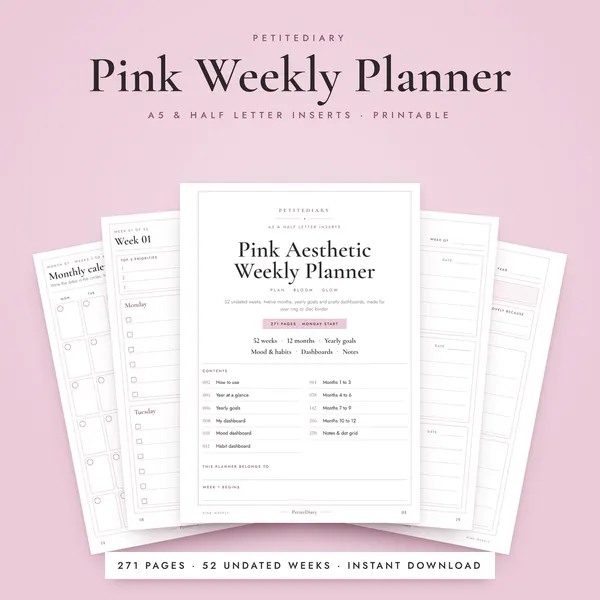 Pink Aesthetic Weekly Planner A5 & Half Letter Inserts