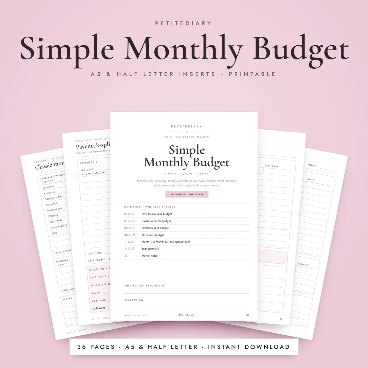 Simple Monthly Budget A5 & Half Letter Inserts