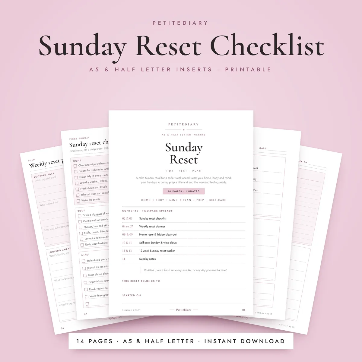Sunday Reset Checklist A5 & Half Letter Inserts