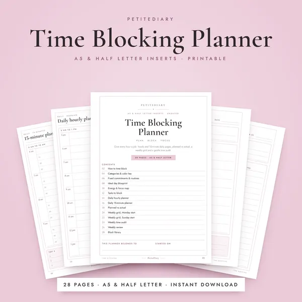 Time Blocking Planner A5 & Half Letter Inserts