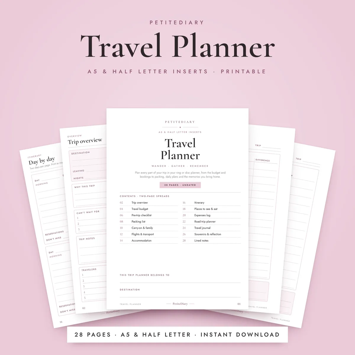 Travel Planner A5 & Half Letter Inserts