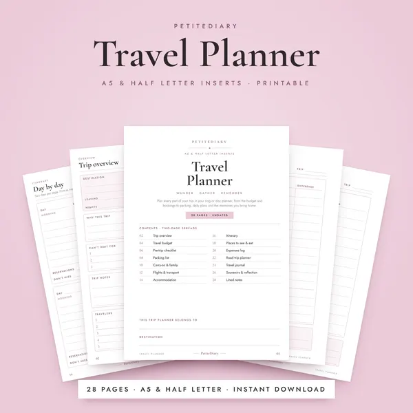 Travel Planner A5 & Half Letter Inserts