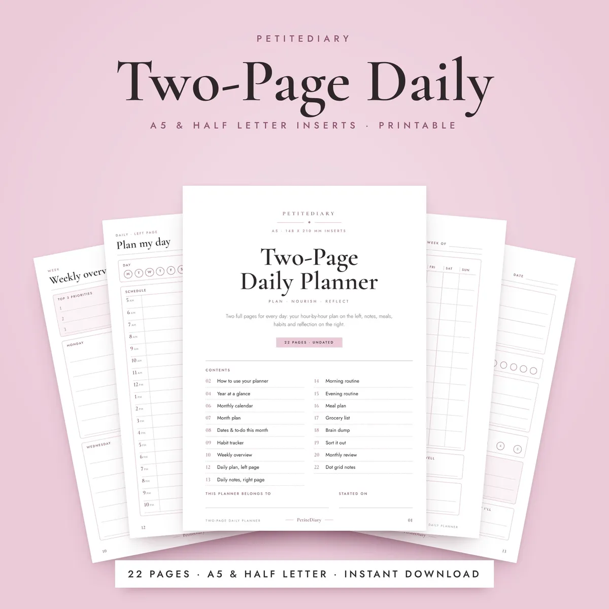 Two Page Daily Planner A5 & Half Letter Inserts