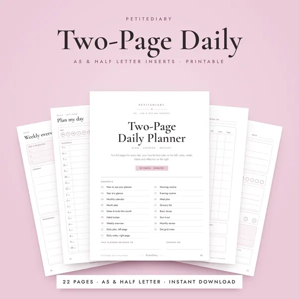 Two Page Daily Planner A5 & Half Letter Inserts