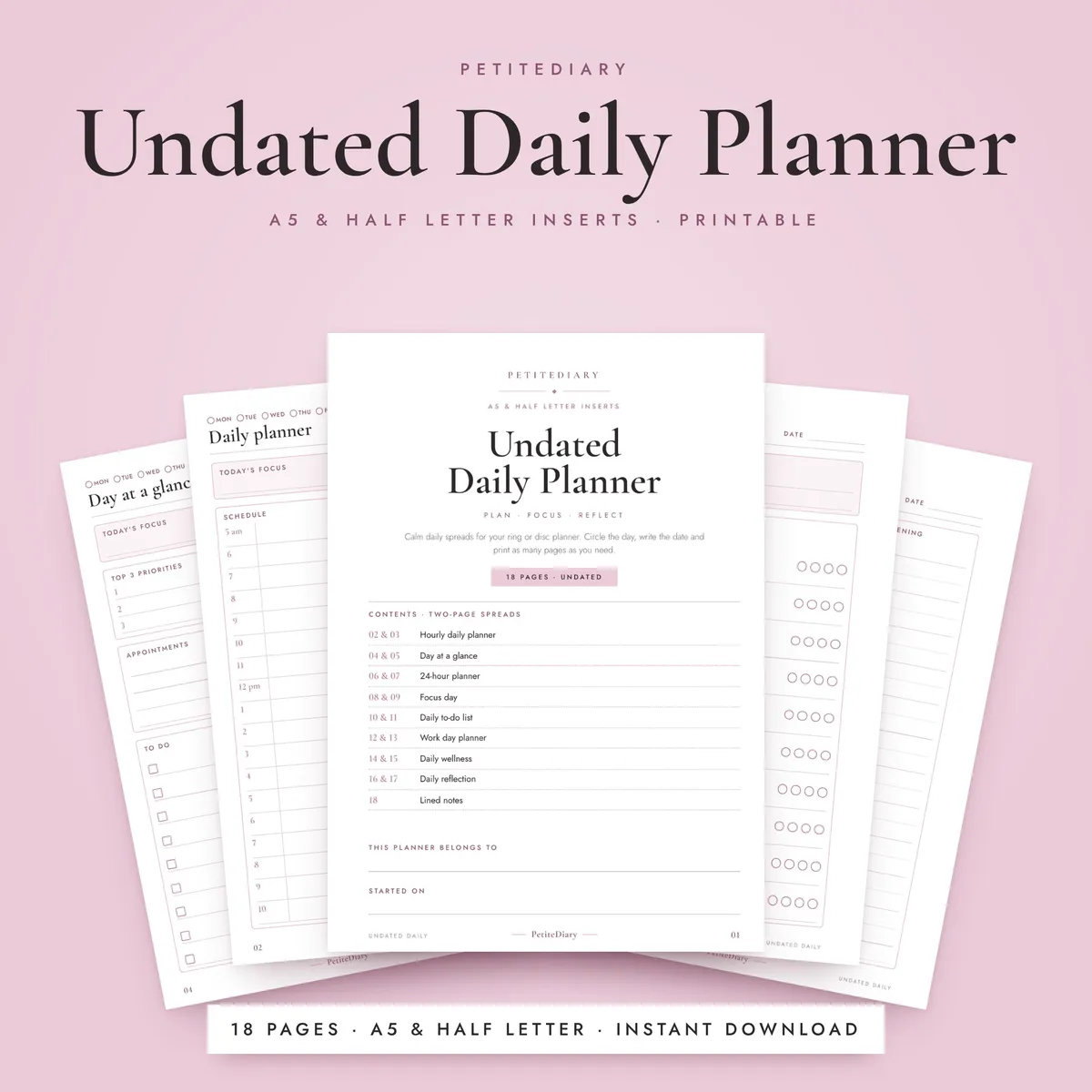 Undated Daily Planner A5 & Half Letter Inserts