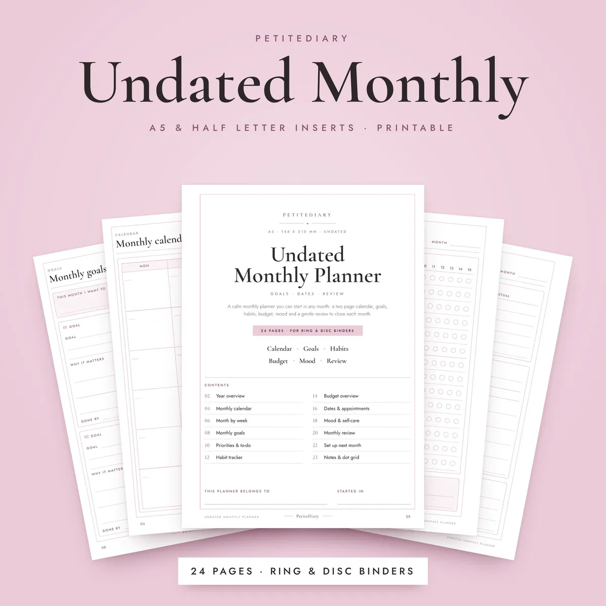 Undated Monthly Planner A5 & Half Letter Inserts