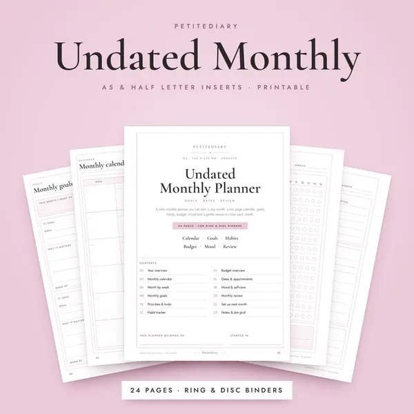 Undated Monthly Planner A5 & Half Letter Inserts