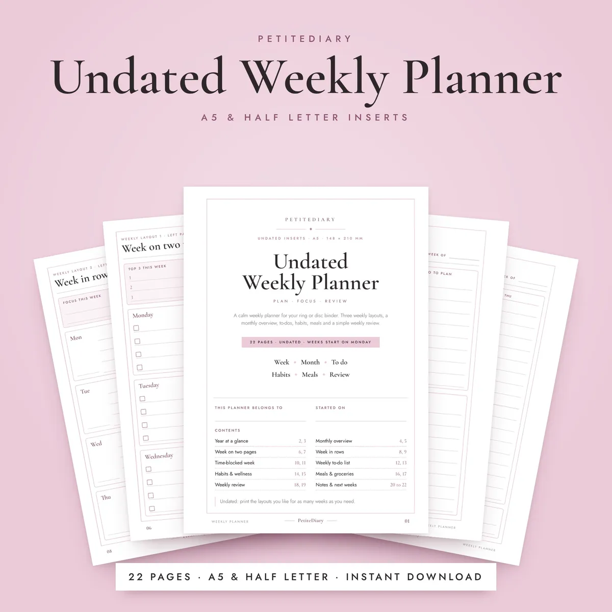 Undated Weekly Planner A5 & Half Letter Inserts