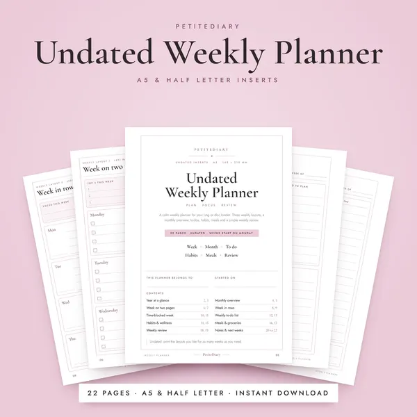 Undated Weekly Planner A5 & Half Letter Inserts