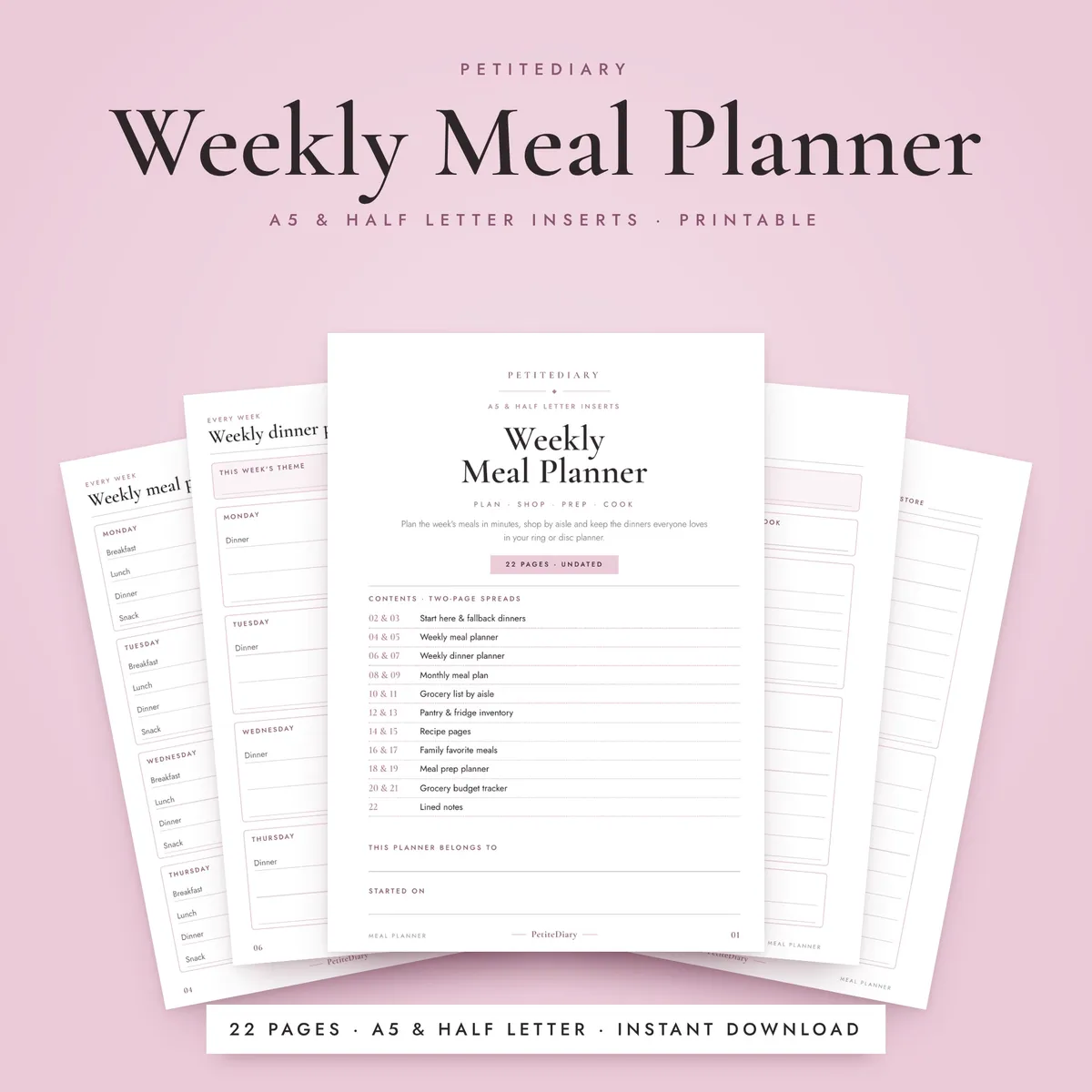 Weekly Meal Planner A5 & Half Letter Inserts