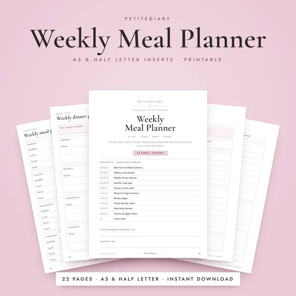 Weekly Meal Planner A5 & Half Letter Inserts