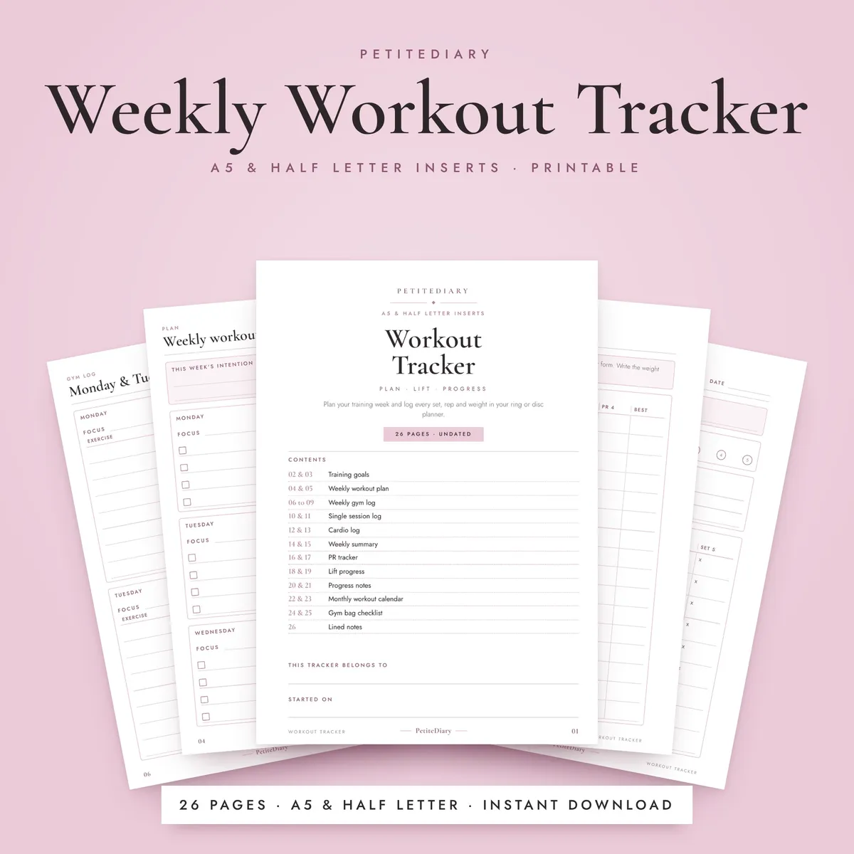 Weekly Workout Tracker A5 & Half Letter Inserts