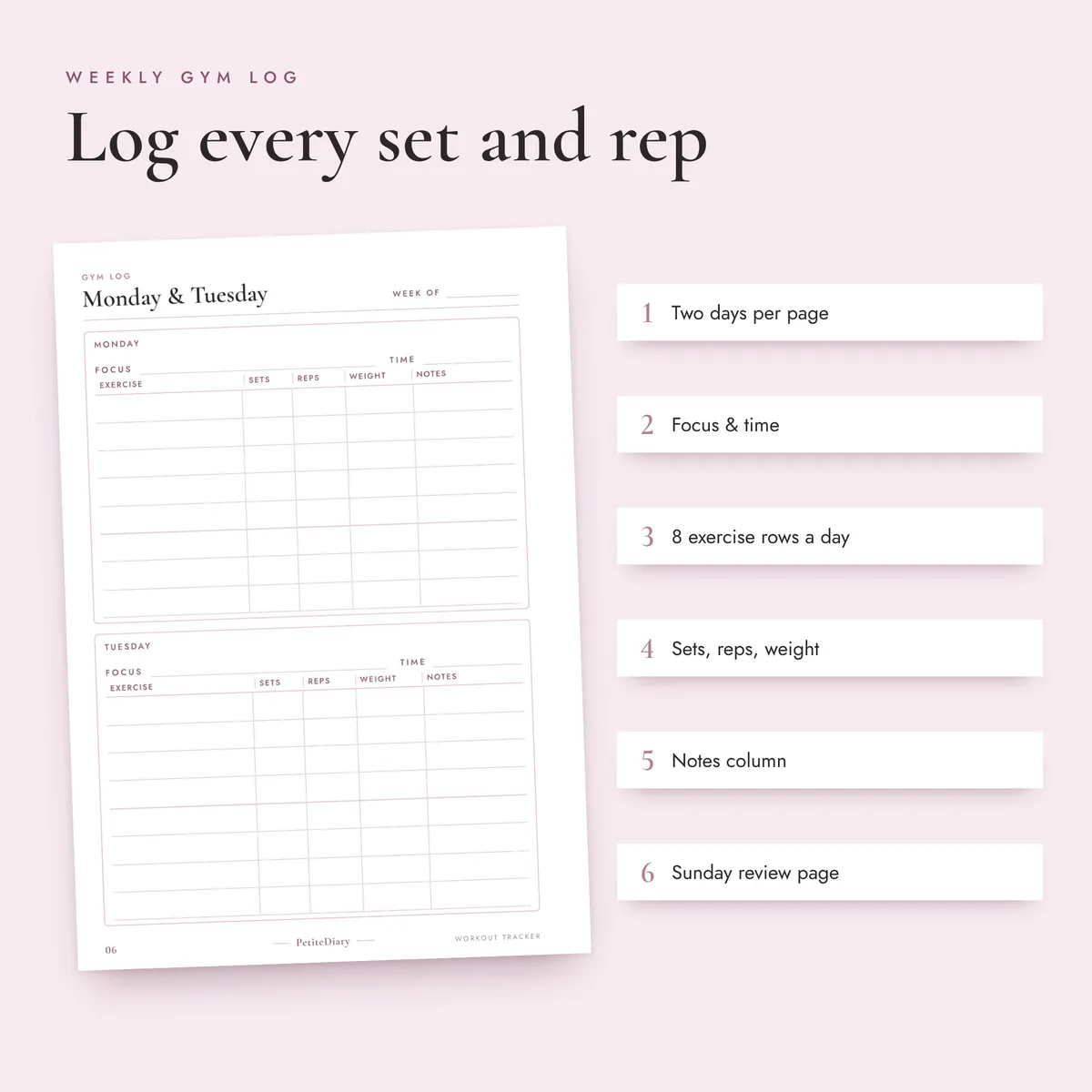 Weekly Workout Tracker A5 & Half Letter Inserts, image 3