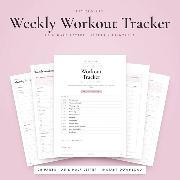 Weekly Workout Tracker A5 & Half Letter Inserts
