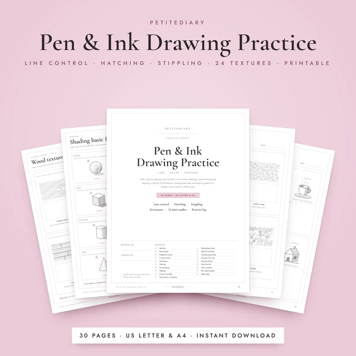 Pen & Ink Drawing Practice Sheets