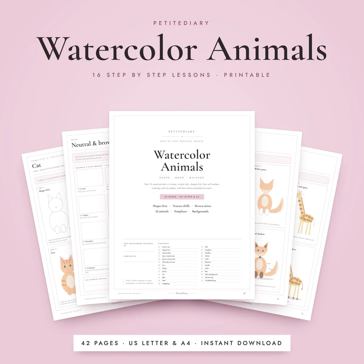 Watercolor Animals Practice Sheets