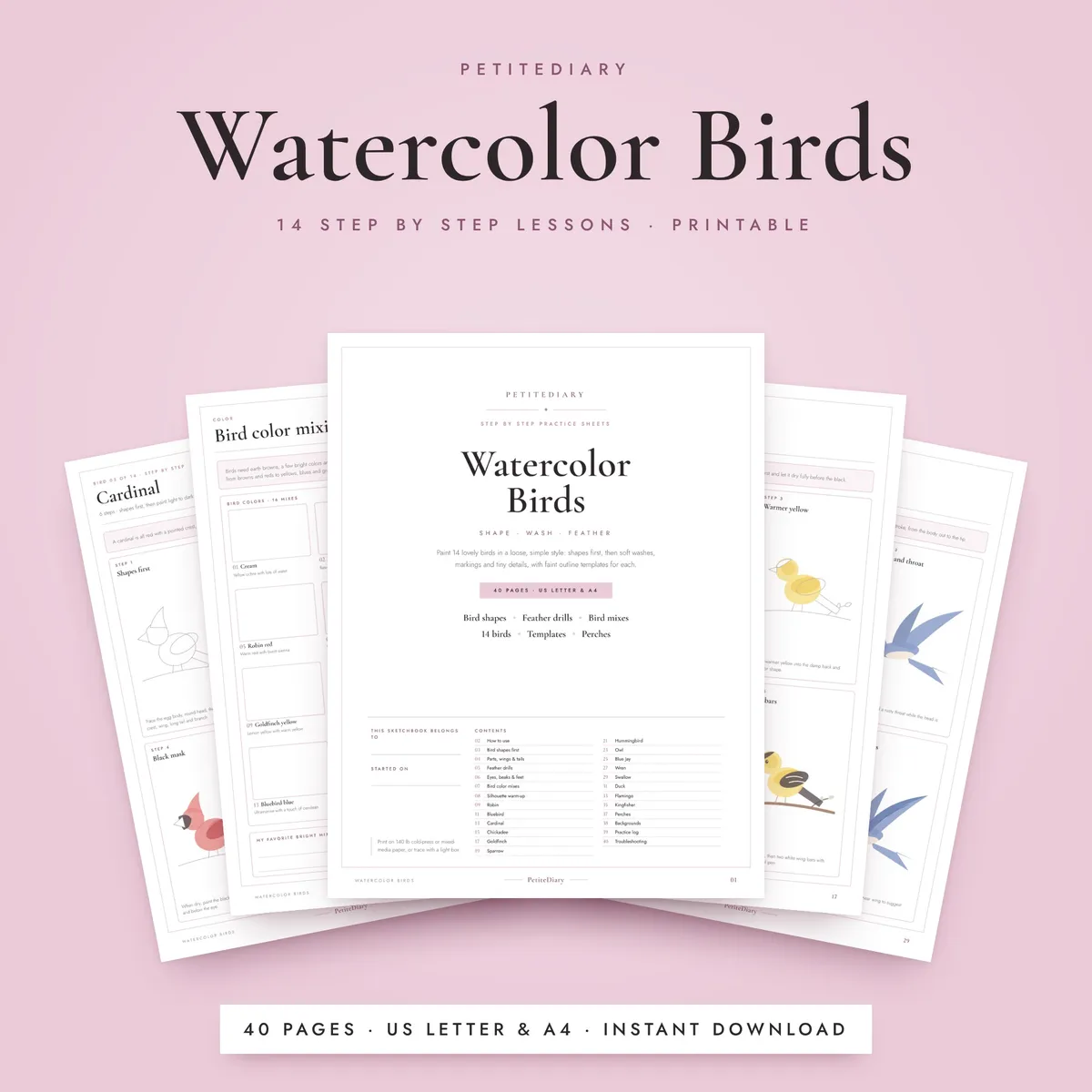 Watercolor Birds Practice Sheets