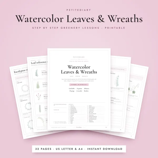 Watercolor Leaves & Wreaths Practice Sheets