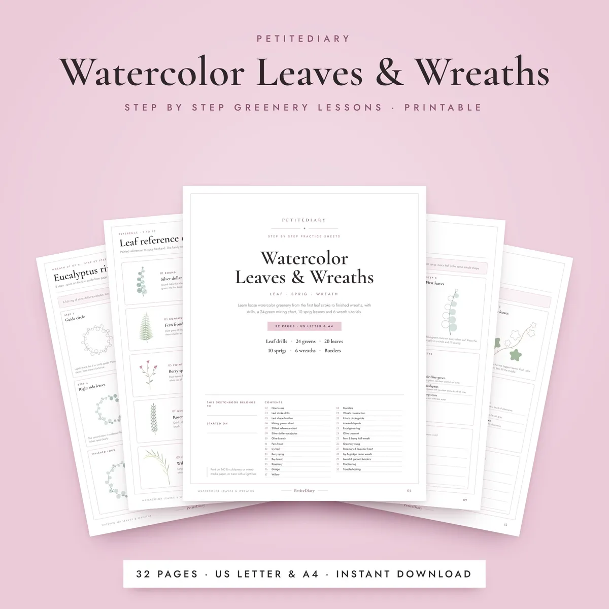 Watercolor Leaves & Wreaths Practice Sheets