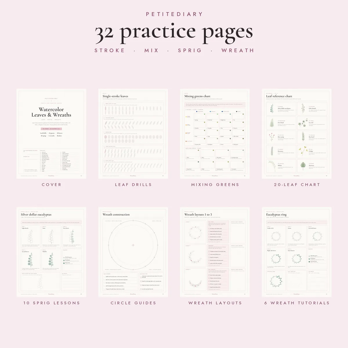 Watercolor Leaves & Wreaths Practice Sheets, image 2