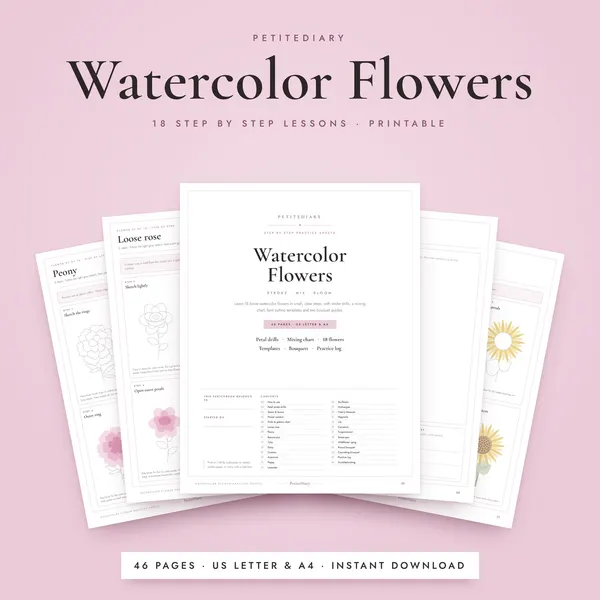 Watercolor Flower Practice Sheets (step by step)